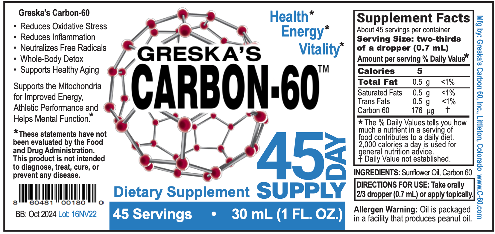 Carbon 60 - 45 day supply supplement facts and benefits