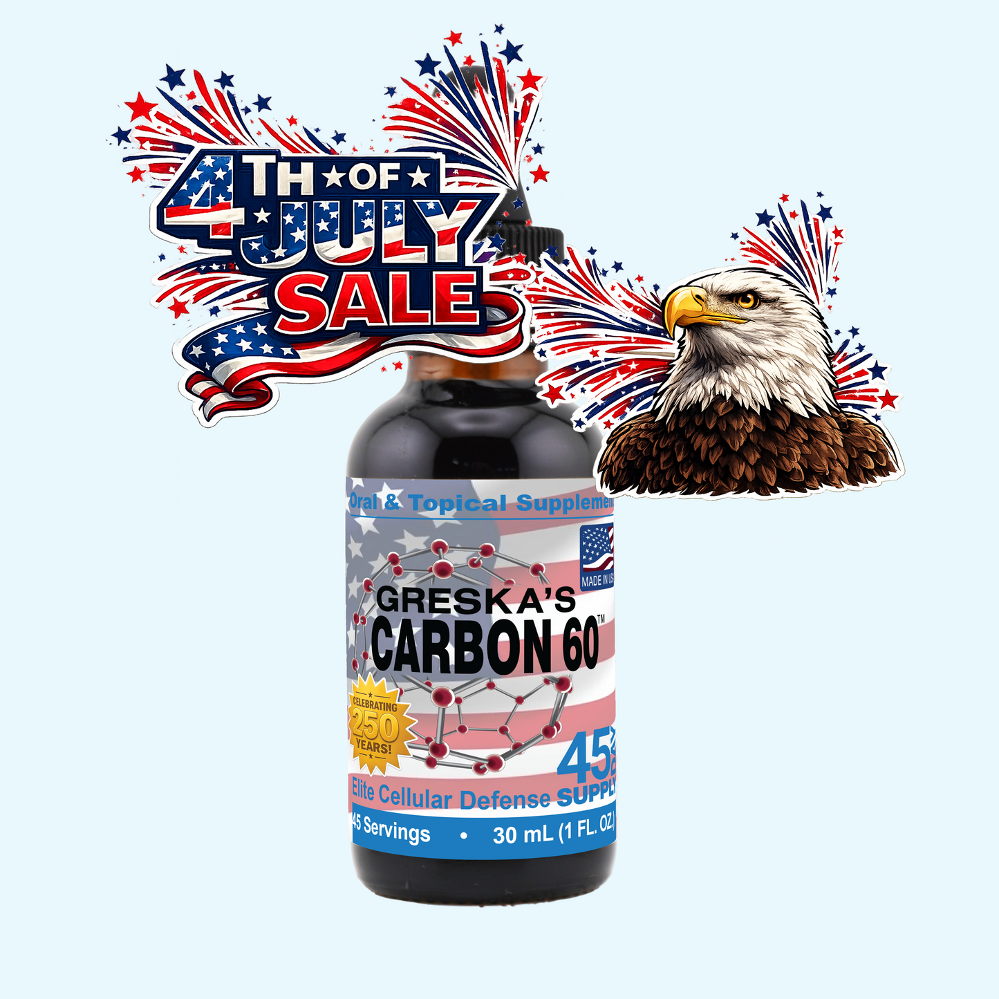Bottle of Greska's Carbon 60 with 4th of July-themed graphics on a light blue background