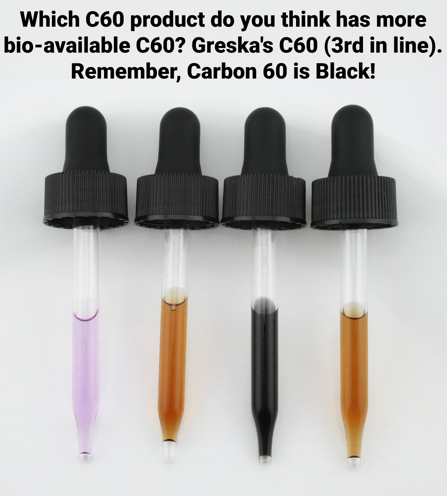 droppers of c60 carbon 60 supplements for color comparison