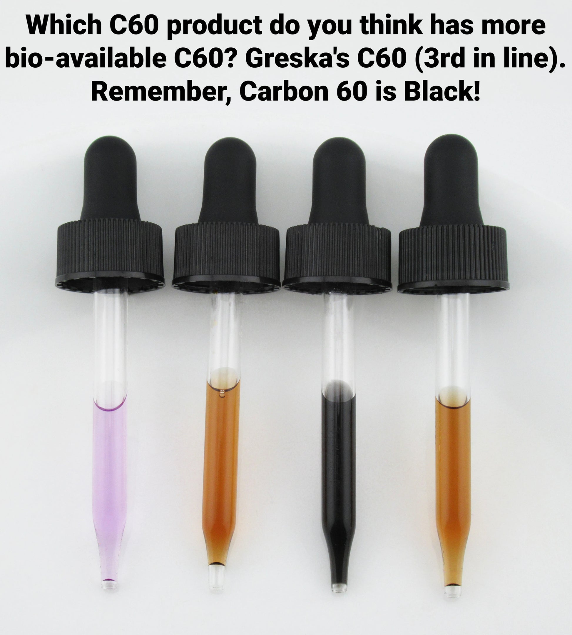 droppers of c60 carbon 60 supplements for color comparison