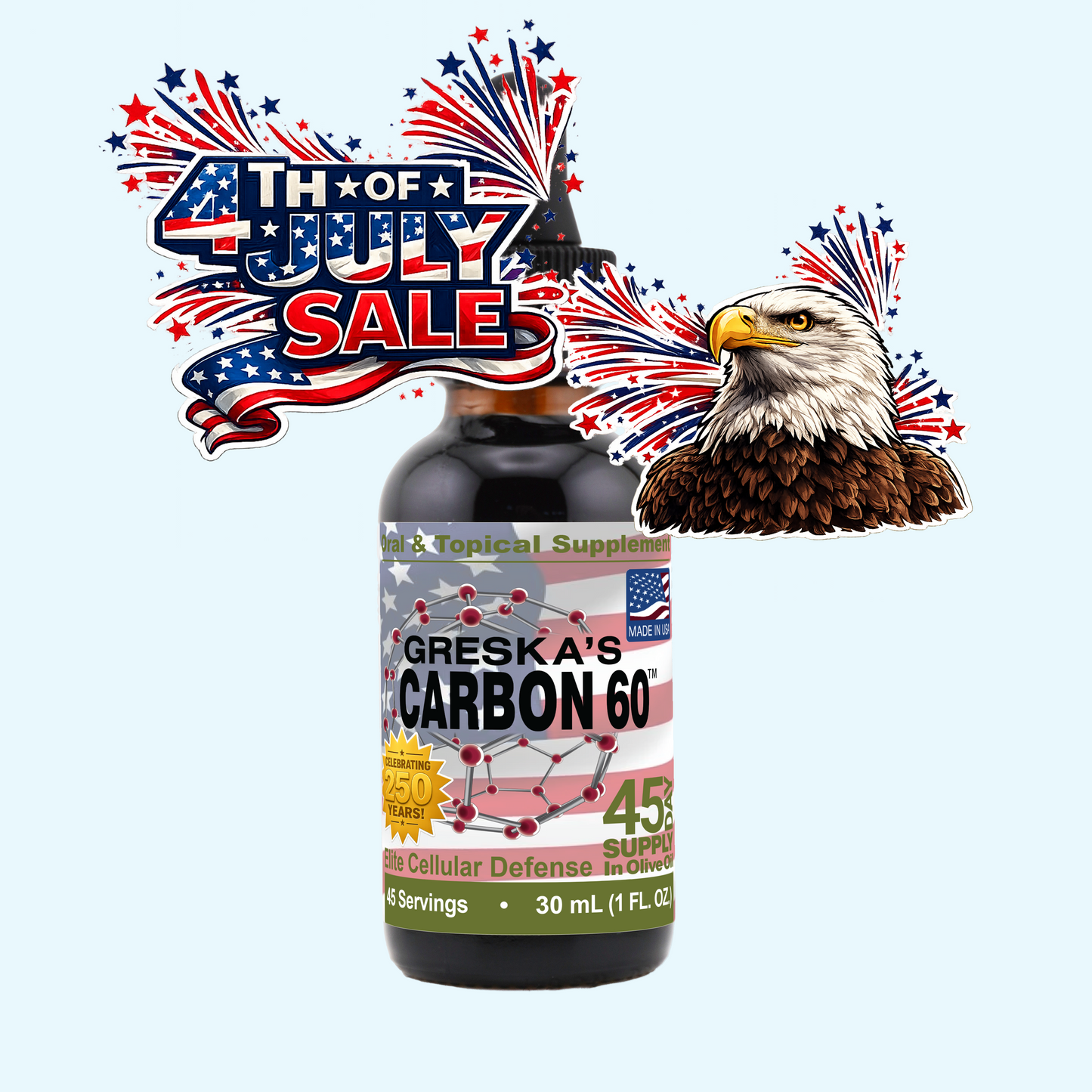 Bottle labeled 'Oreska's Carbon 60' with an eagle and fireworks on a white background